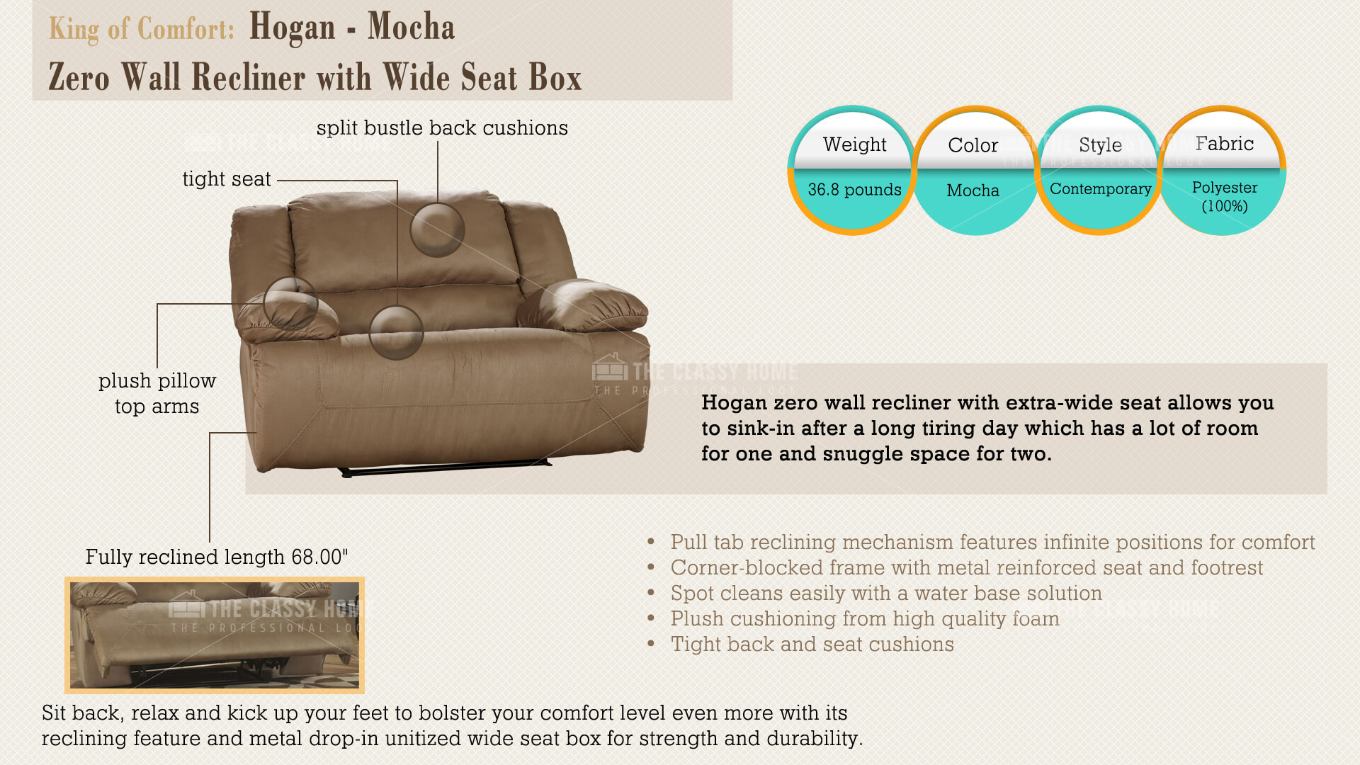 Ashley Furniture Hogan Mocha Zero Wall Recliner With Wide Seat Box