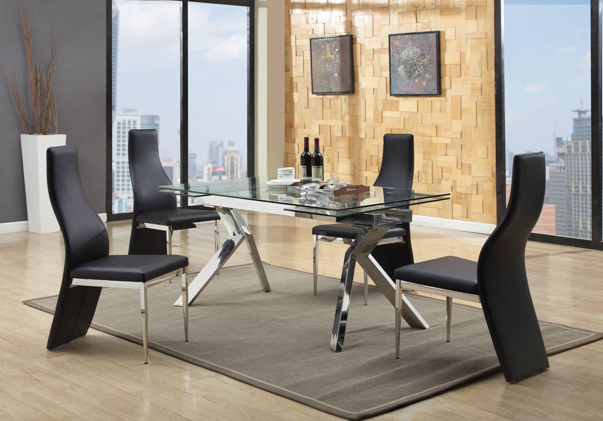 Ella Modern Glass Stainless Steel PU 5pc Dining Room Set w/Black Chair ...
