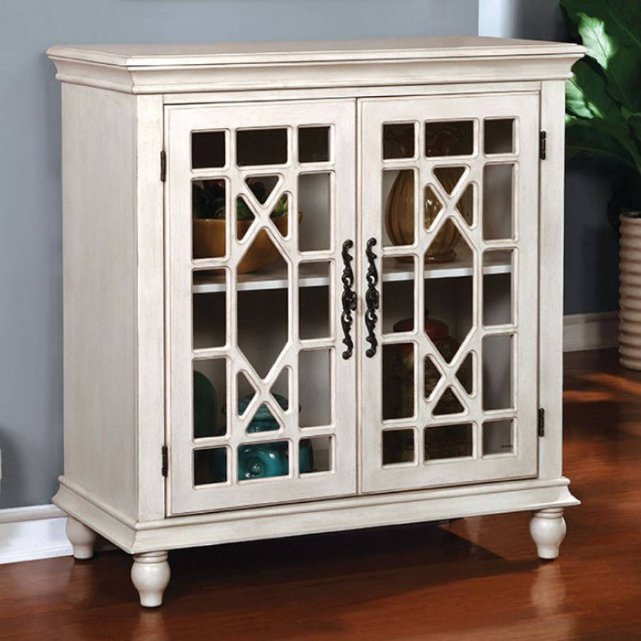 Hamer Transitional White Solid Wood Glass Storage Cabinet The