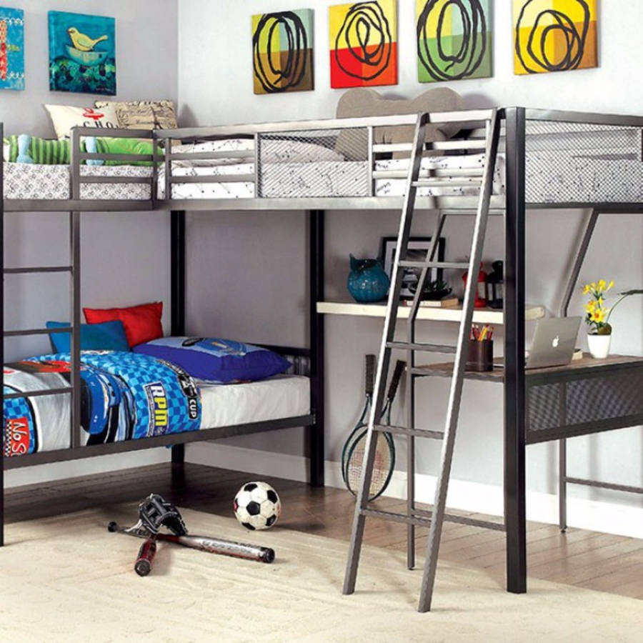 Homeroots Silver Gray Metal L Shaped Triple Twin Bunk Bed With